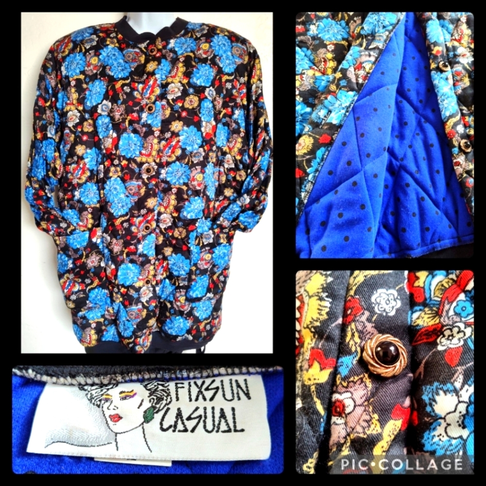 Vintage bomber jacket Oriental floral quilted Fixsun Casual 80s 90s polkadot